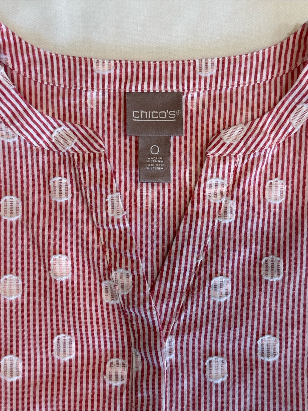 Chico's Red White Striped Polka Dot Popover Blouse Side Tie Short Sleeve Size 0 - Picture 5 of 9